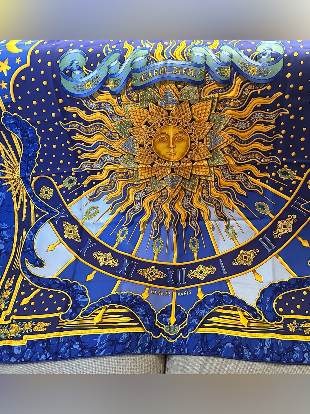 Hermes Blue & Gold 'Carpe Diem' Sun Motif Silk Scarf